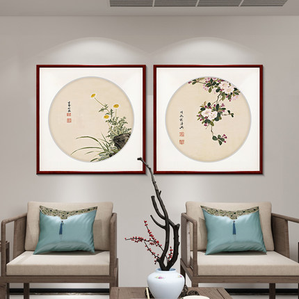 项圣谟新中式客厅装饰画餐厅饭厅挂画水墨画背景墙壁画玄关花鸟图