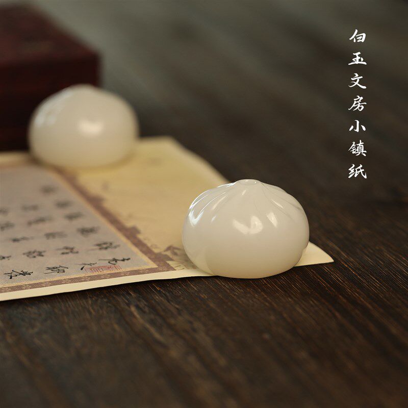 锦瑟文房白玉小福包子文房镇纸镇尺中式特色桌面摆件蒸蒸日上