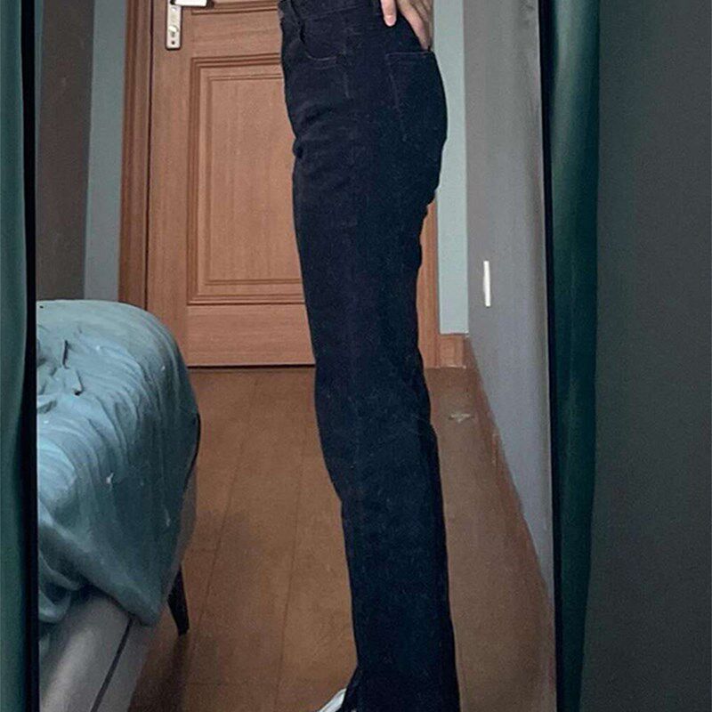 弹力开叉牛仔裤女秋冬加绒高腰直筒显瘦大码胖mm微喇梨形身材裤子