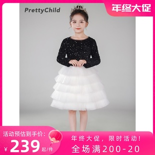 女童礼服黑白钢琴演出服秋冬长袖元旦晚会表演公主裙网纱蛋糕短裙