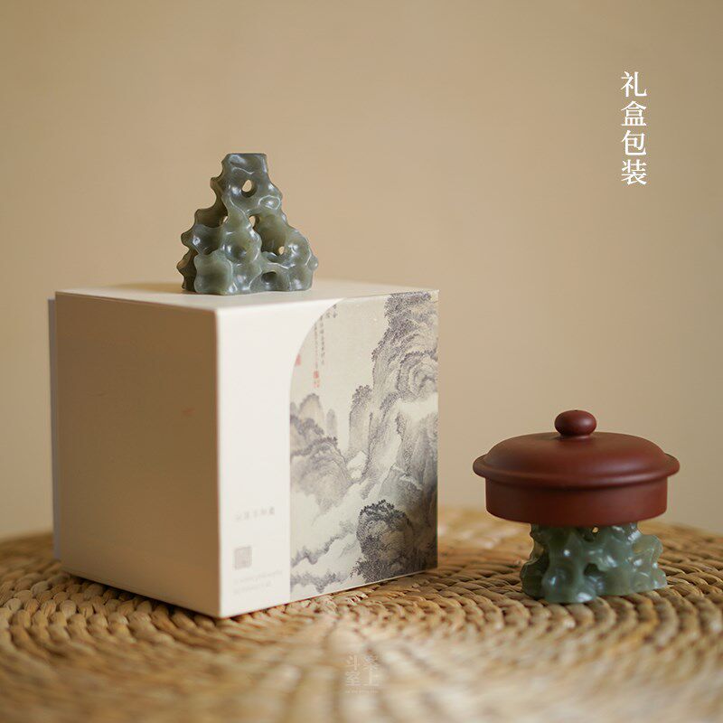 全手工天然玉石盖置太湖石造型创意茶宠紫砂壶盖托禅意中式礼盒装