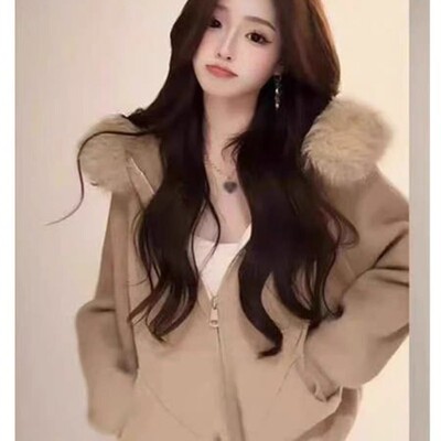 连帽大毛领毛衣外套女2025秋冬新款慵懒风宽松软糯针织开衫上衣潮