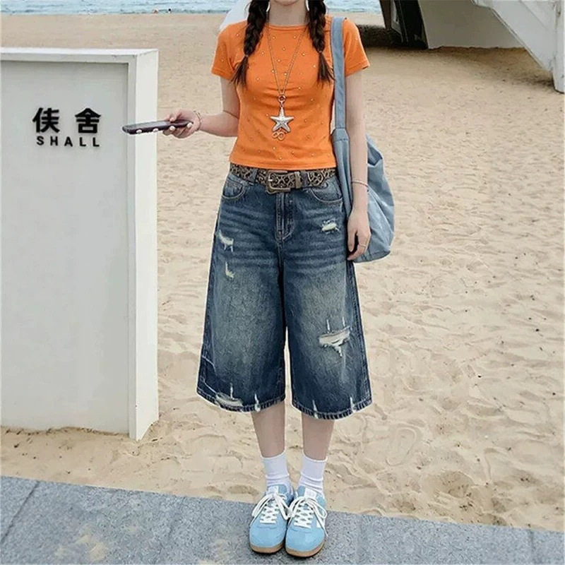 复古蓝破洞七分阔腿牛仔短裤女夏季韩版高腰宽松显瘦直筒休闲中裤