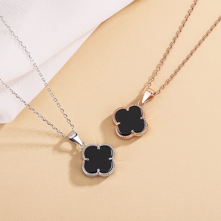 S999银玛瑙幸运花朵吊坠简约潮高级感锁骨链纯银小众四叶草项链女