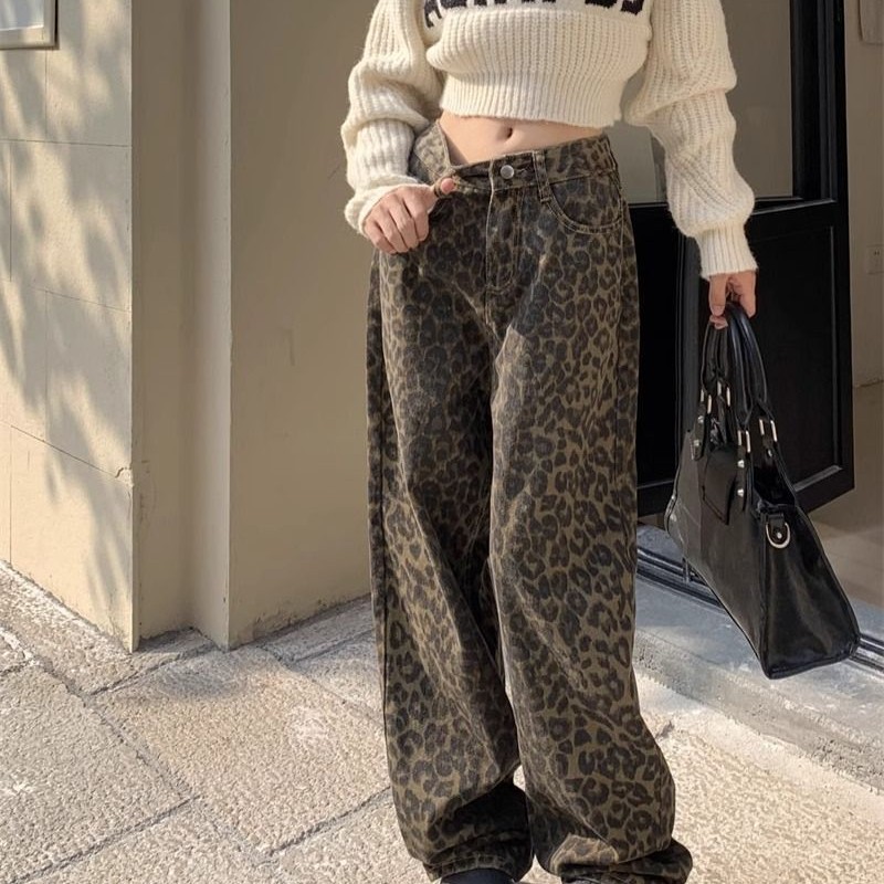 美式豹纹阔腿牛仔裤女款秋冬设计感复古高腰直筒裤宽松拖地长裤子