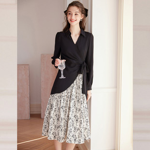 白鹿语新中式老钱风水墨印花裙26春新款V领收腰长袖连衣裙衬衫裙
