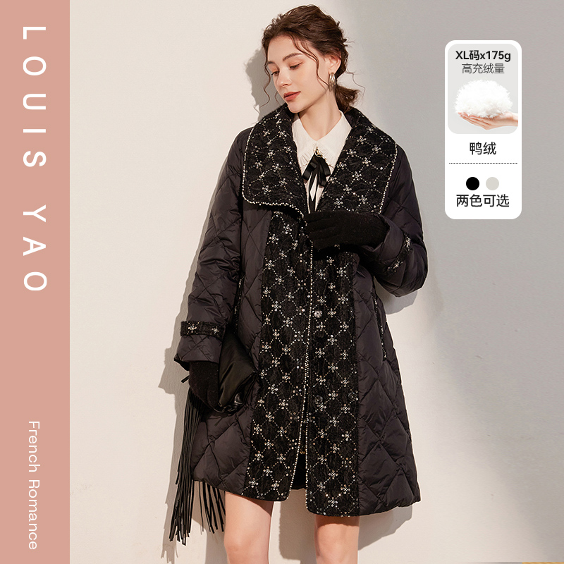 白鹿语亮片拼接羽绒服冬季新款优雅气质腰带收腰加厚中长款外套