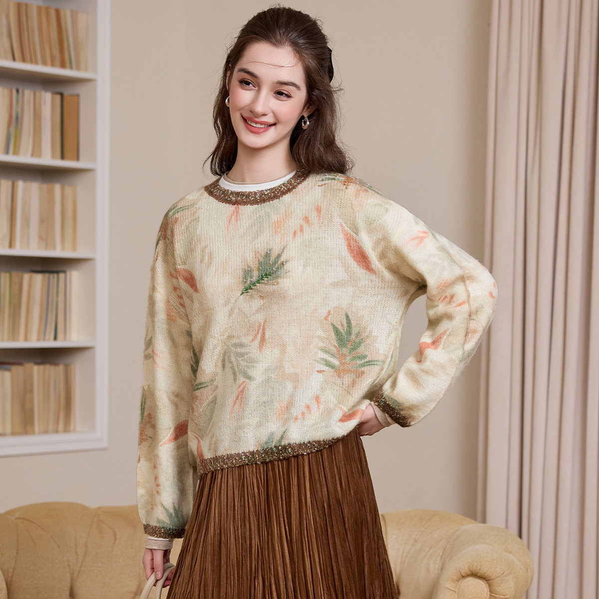 白鹿语慵懒风印花亮片针织衫25秋冬新款宽松软糯复古洋气毛衣上衣