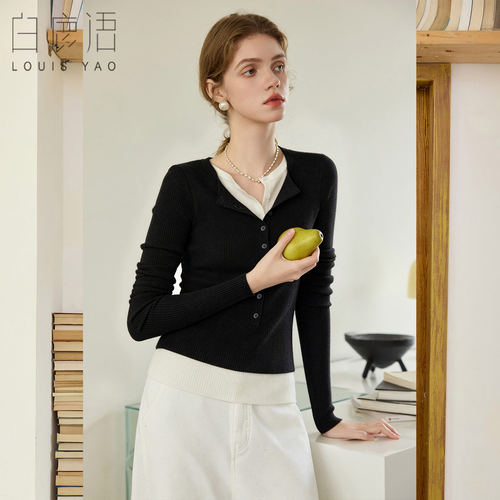 白鹿语休闲简约假两件针织衫女26秋冬季新款圆领坑条修身通勤上衣
