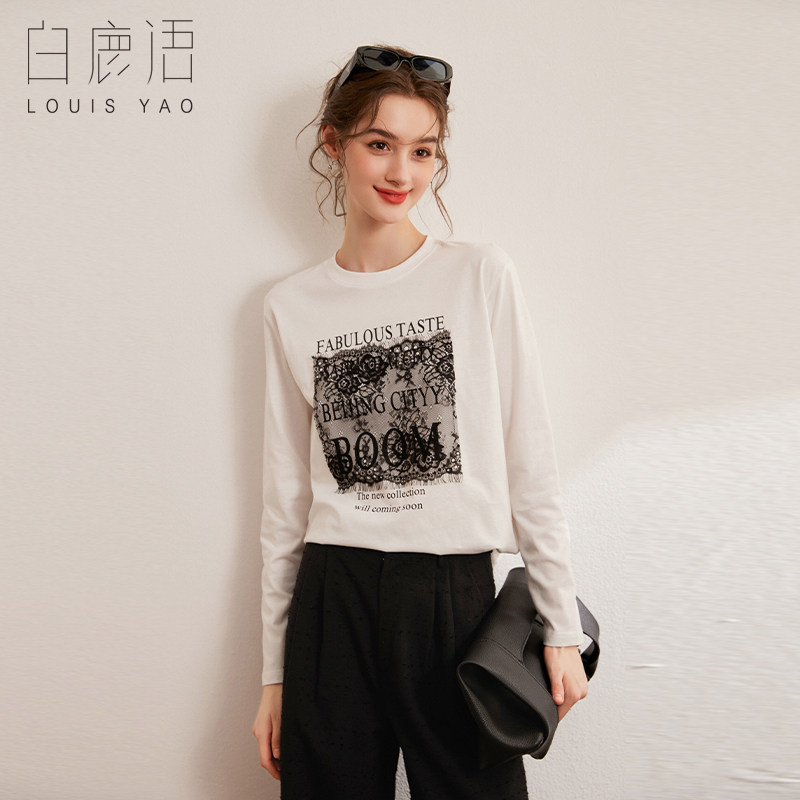 白鹿语时尚字母印花拼接花边T恤秋新款休闲圆领百搭长袖T恤女