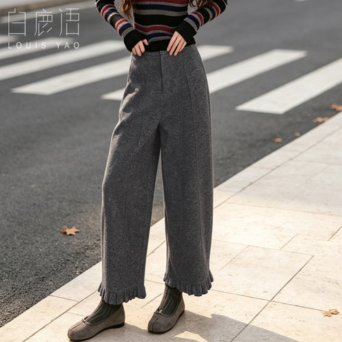白鹿语深灰高腰弯刀裤九分裤女26秋冬季新款木耳边宽松直筒休闲裤