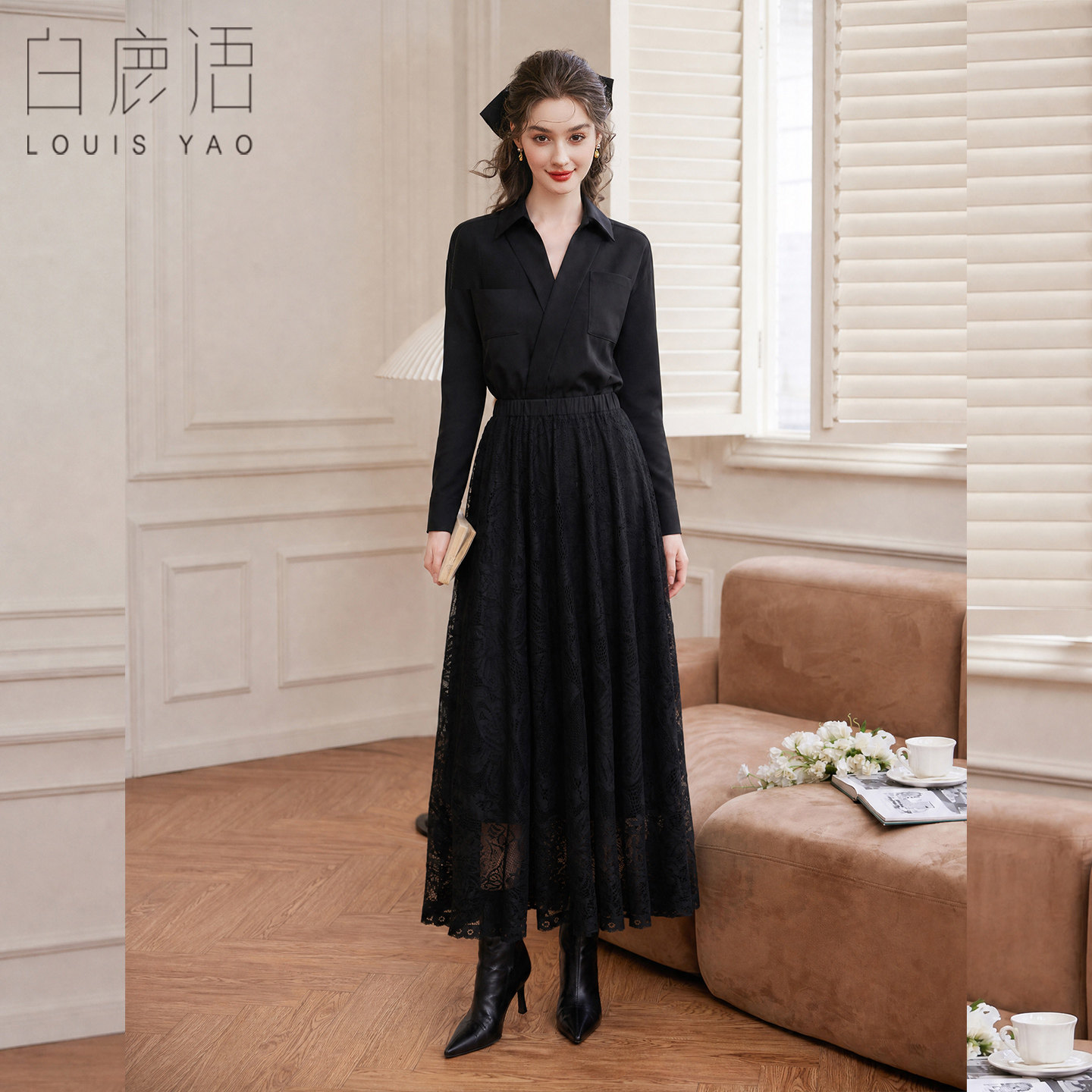 白鹿语赫本风长袖连衣裙女26秋新款落肩翻领V领拼接蕾丝大摆长裙
