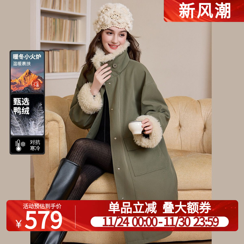 【北欧·童话】白鹿语工装风鸭绒羽绒服25秋冬新款长款军绿色外套