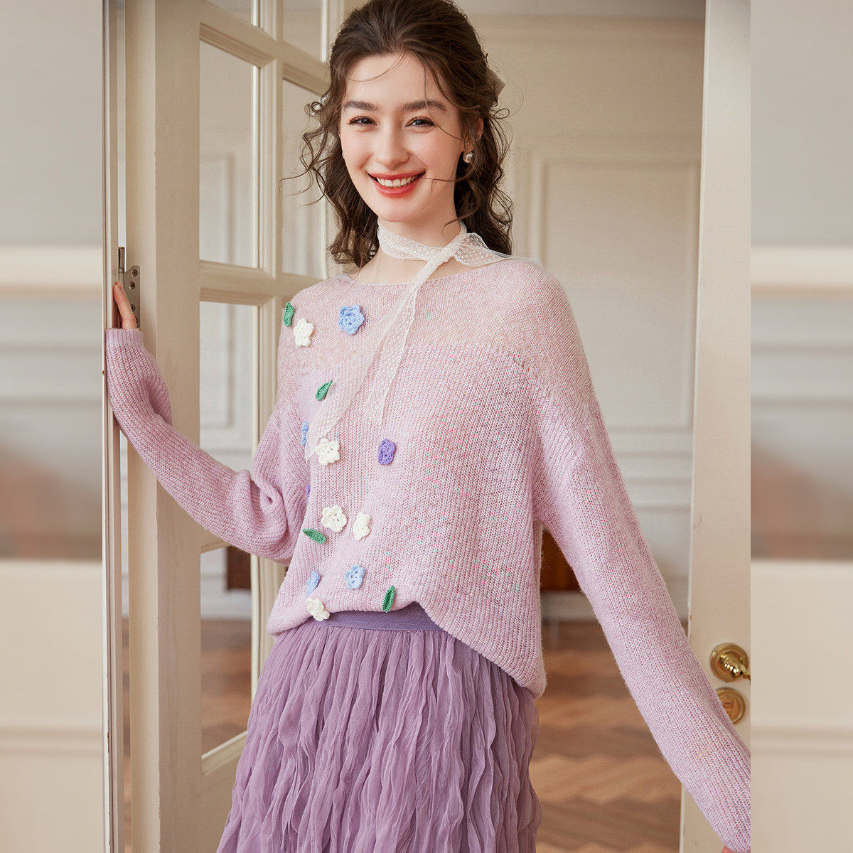 白鹿语钩针小花拼接毛衣2026春季新款小清新可外穿宽松女式针织衫,女装/女士精品,毛针织衫,淘宝优惠券,粉丝福利购,淘宝优惠卷
