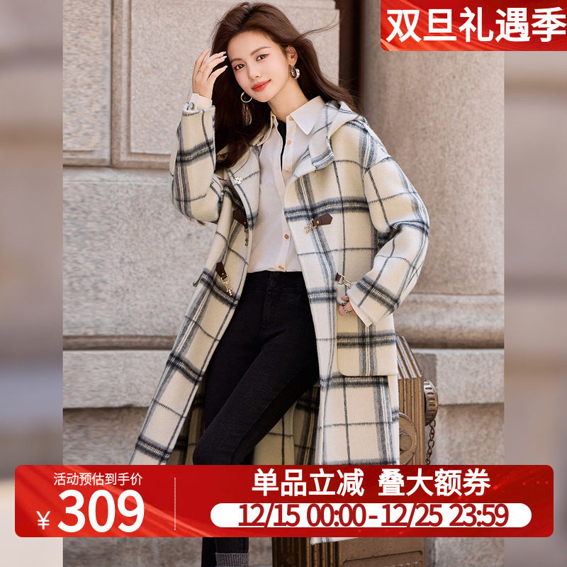 白鹿语英伦风格纹双面呢大衣25冬新款羊毛混纺加厚长款呢子大衣女