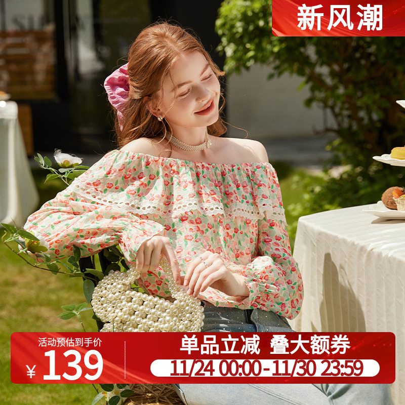 白鹿语法式复古一字领碎花衬衫25秋新款设计感度假风洋气长袖上衣