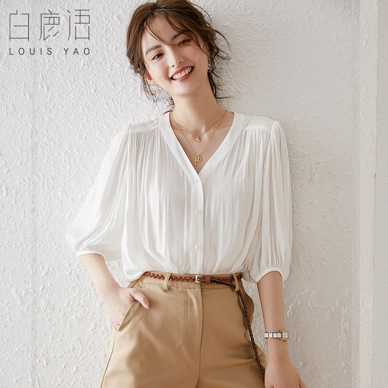 白鹿语气质V领雪纺衫女26夏新款时尚通勤ol风宽松七分袖白衬衣女