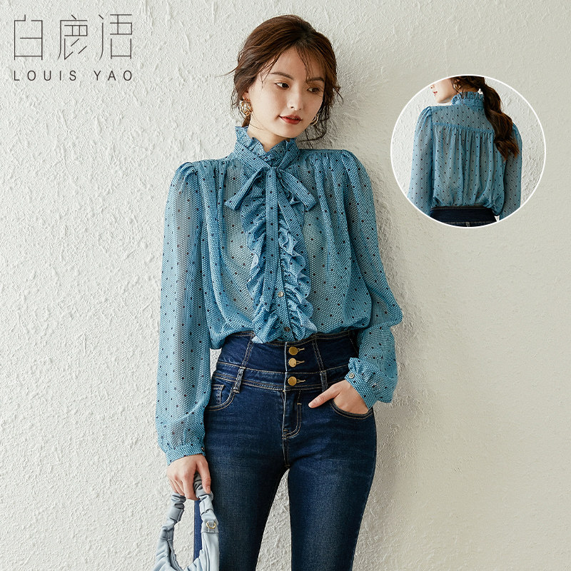 白鹿语淑女风蝴蝶结系带波点雪纺衬衣26春长袖泡泡袖减龄衬衫上衣