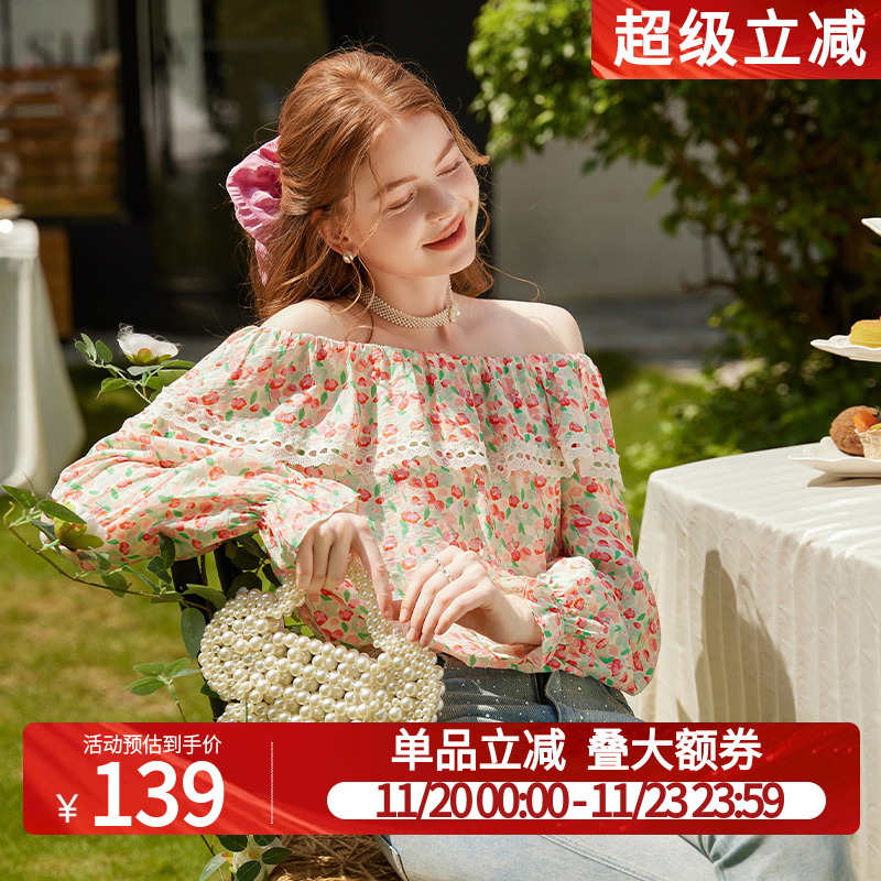 白鹿语法式复古一字领碎花衬衫25秋新款设计感度假风洋气长袖上衣