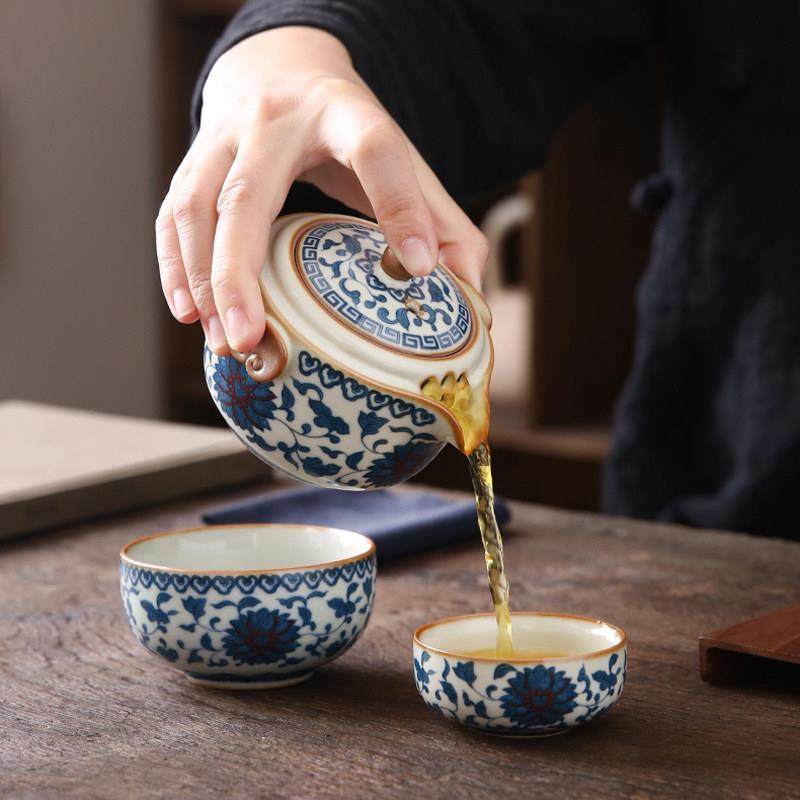 米黄汝窑快客杯一壶二杯便携式茶具旅行套装青花手抓壶户外泡茶器,餐饮具,功夫茶具,淘宝优惠券,粉丝福利购,淘宝优惠卷