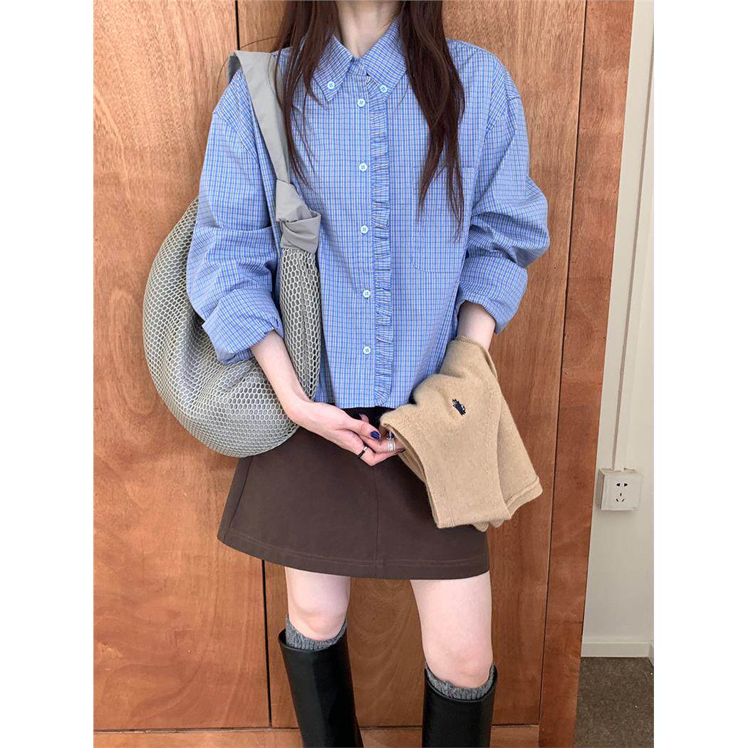 法式木耳边蓝色格子衬衫