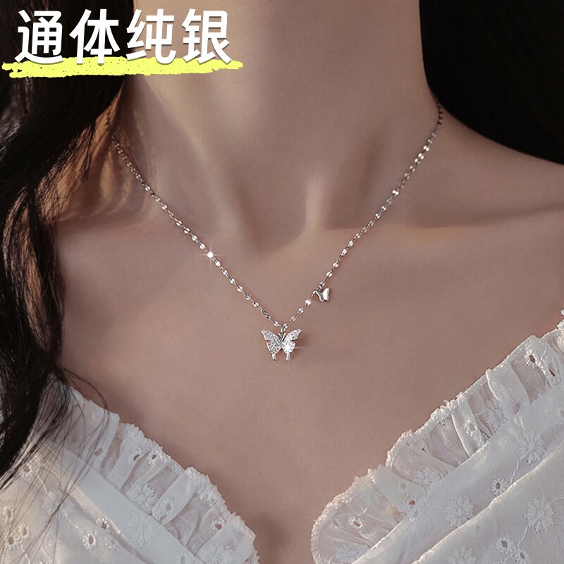 S999纯银小众蝴蝶吊坠项链女百搭