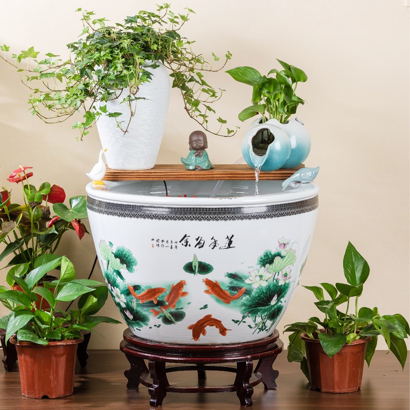 景德镇陶瓷流水鱼缸养荷花睡莲盆陶罐造景古法鱼缸客厅落地水缸