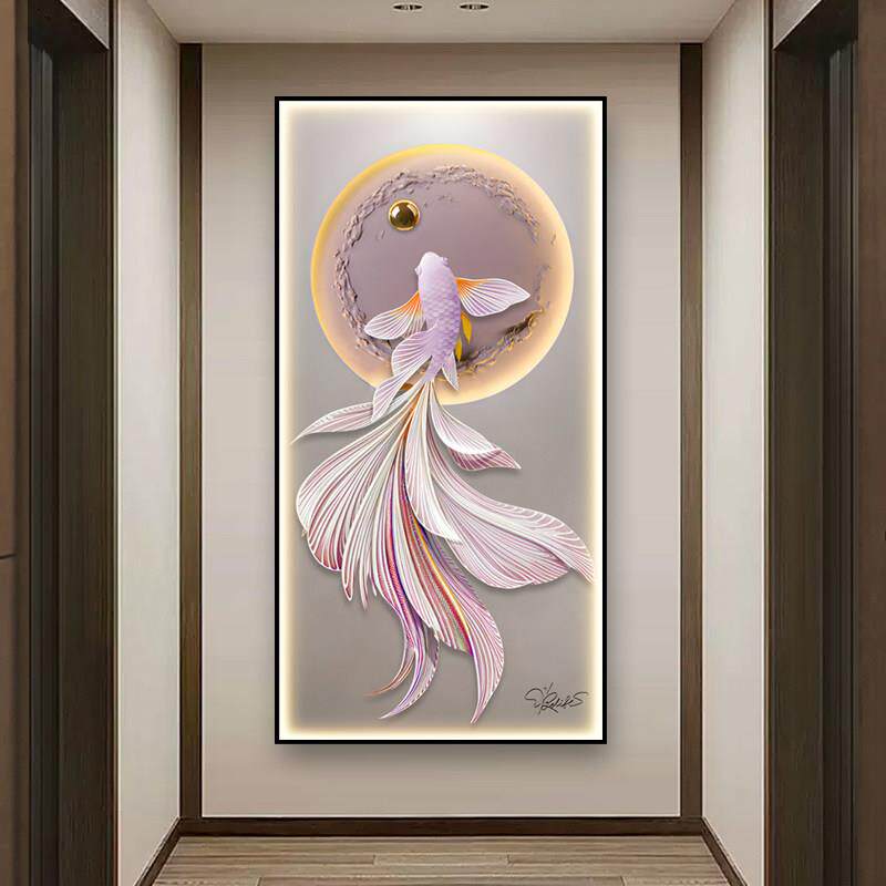 玄关装饰画轻奢入户走廊过道竖版挂画吉祥锦鲤LED灯画高档富贵鱼