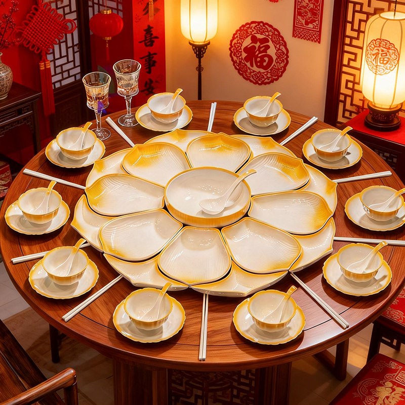 过年夜饭圆桌盘子菜盘家用团圆拼盘陶瓷餐具组合碗盘碗碟套装