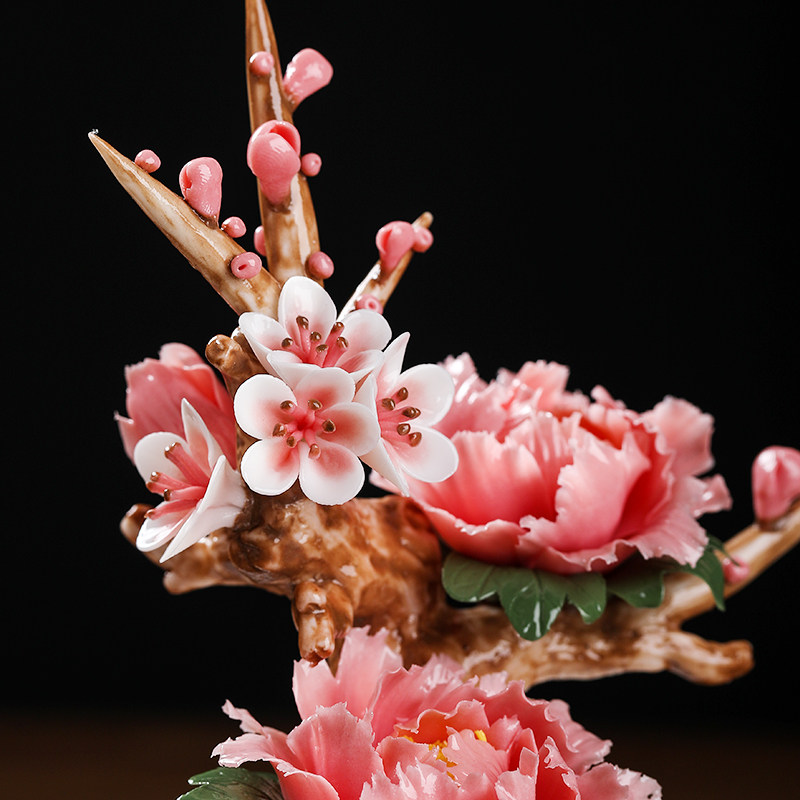陶瓷仿真盆栽牡丹瓷花摆件品质家居客厅桌面干花装饰品/花开富贵
