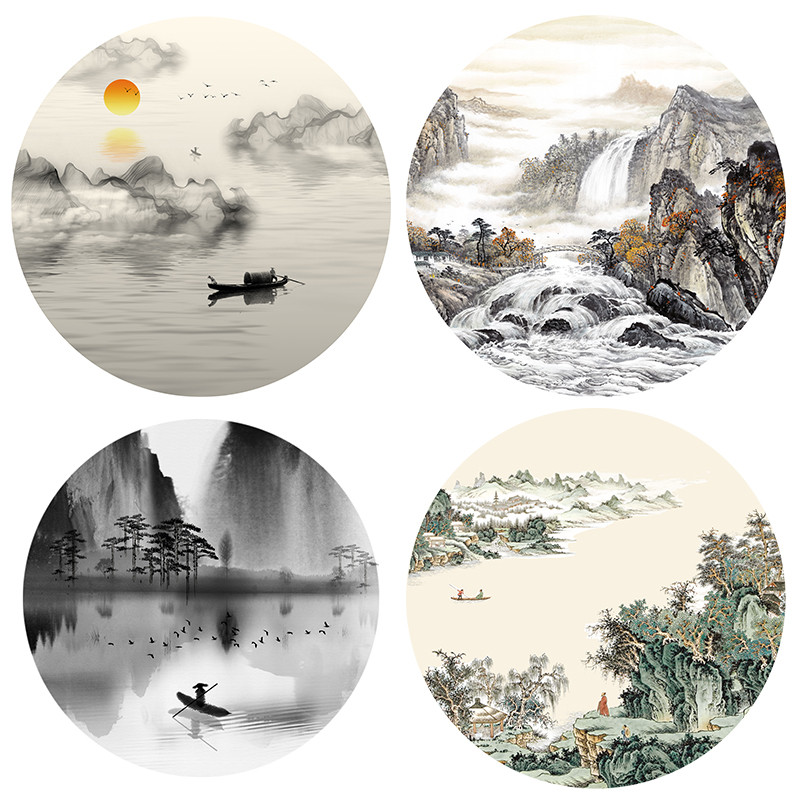 中式圆形水墨山水风景挂画富春山现代装饰画