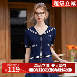 白鹿语学院风蓝色海军领针织开衫2025春新款翻领短袖上衣女毛衣