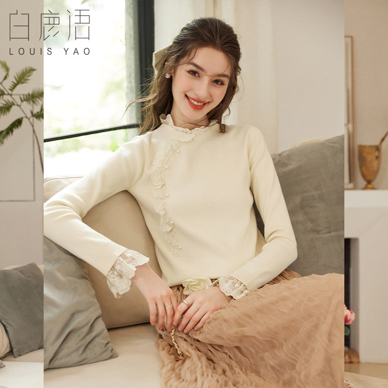 白鹿语蕾丝花边拼接高领针织衫秋冬新款甜美内搭打底毛衣上衣