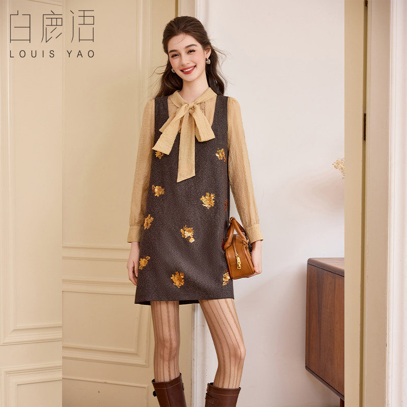 白鹿语蝴蝶结背心裙假两件连衣裙女26秋新款时尚千金风亮片A字裙