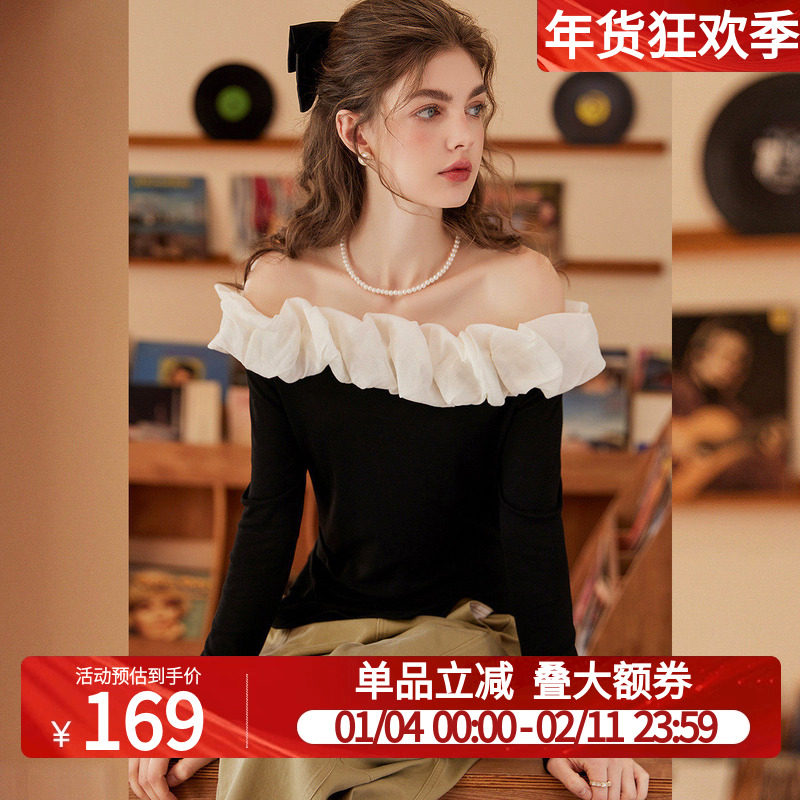 白鹿语撞色花苞一字领上衣26春款温柔甜美修身开叉黑色长袖T恤女,女装/女士精品,T恤,淘宝优惠券,粉丝福利购,淘宝优惠卷