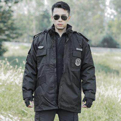 保安大衣冬季工作服棉衣男加厚冷库防寒服黑色作训中长款劳保棉袄