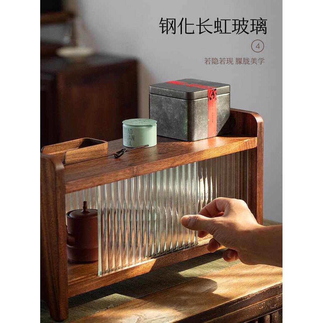 胡桃木收纳玻璃柜家用客厅实木置物架桌面收纳柜木制收纳柜用品
