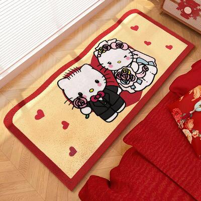 KT猫卡通红色新婚卧室地毯结婚婚庆床边毯喜字彷兔毛床边毯垫脚垫