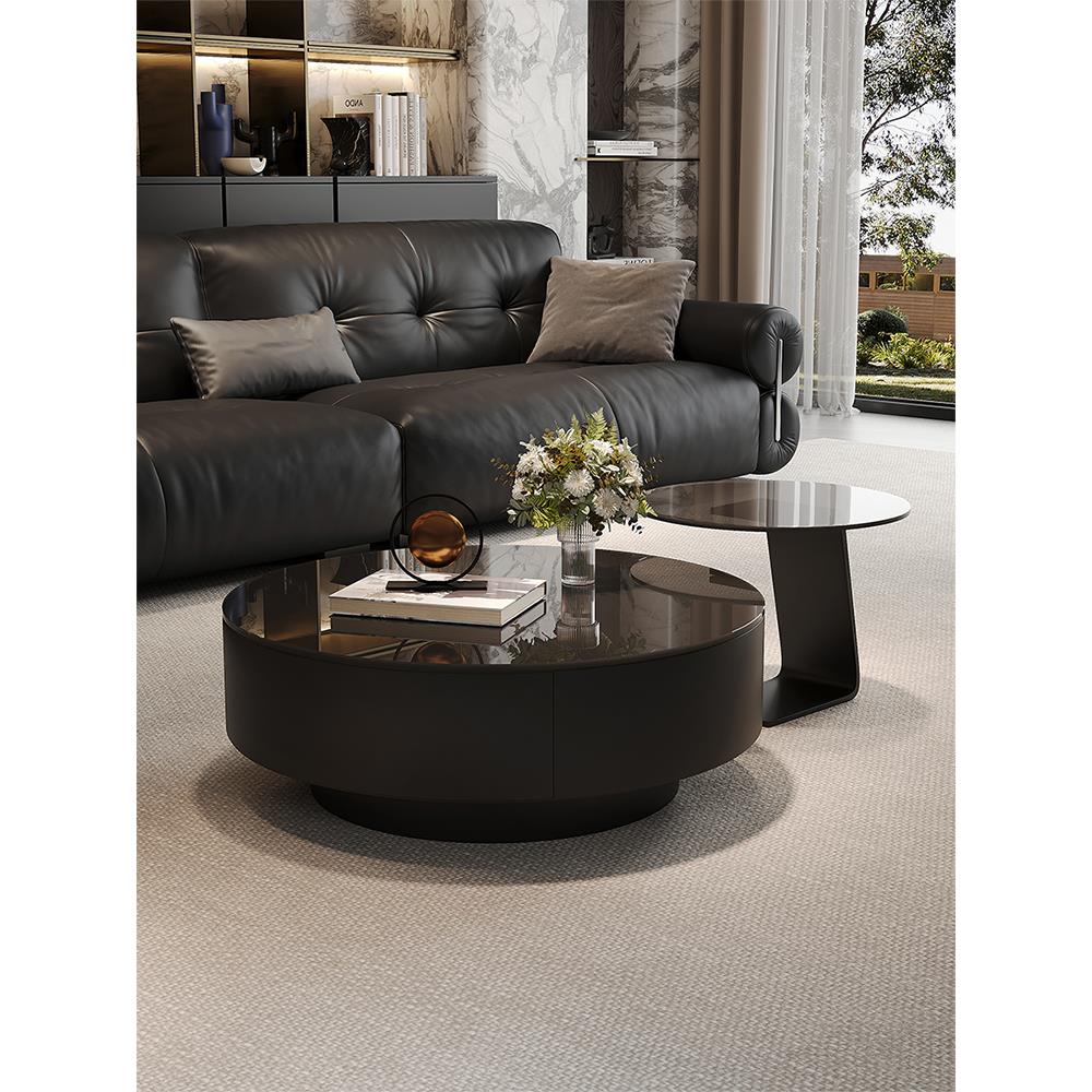 新款现代简约黑色钢化玻璃茶几意式极简圆形茶几组合轻奢客厅家用