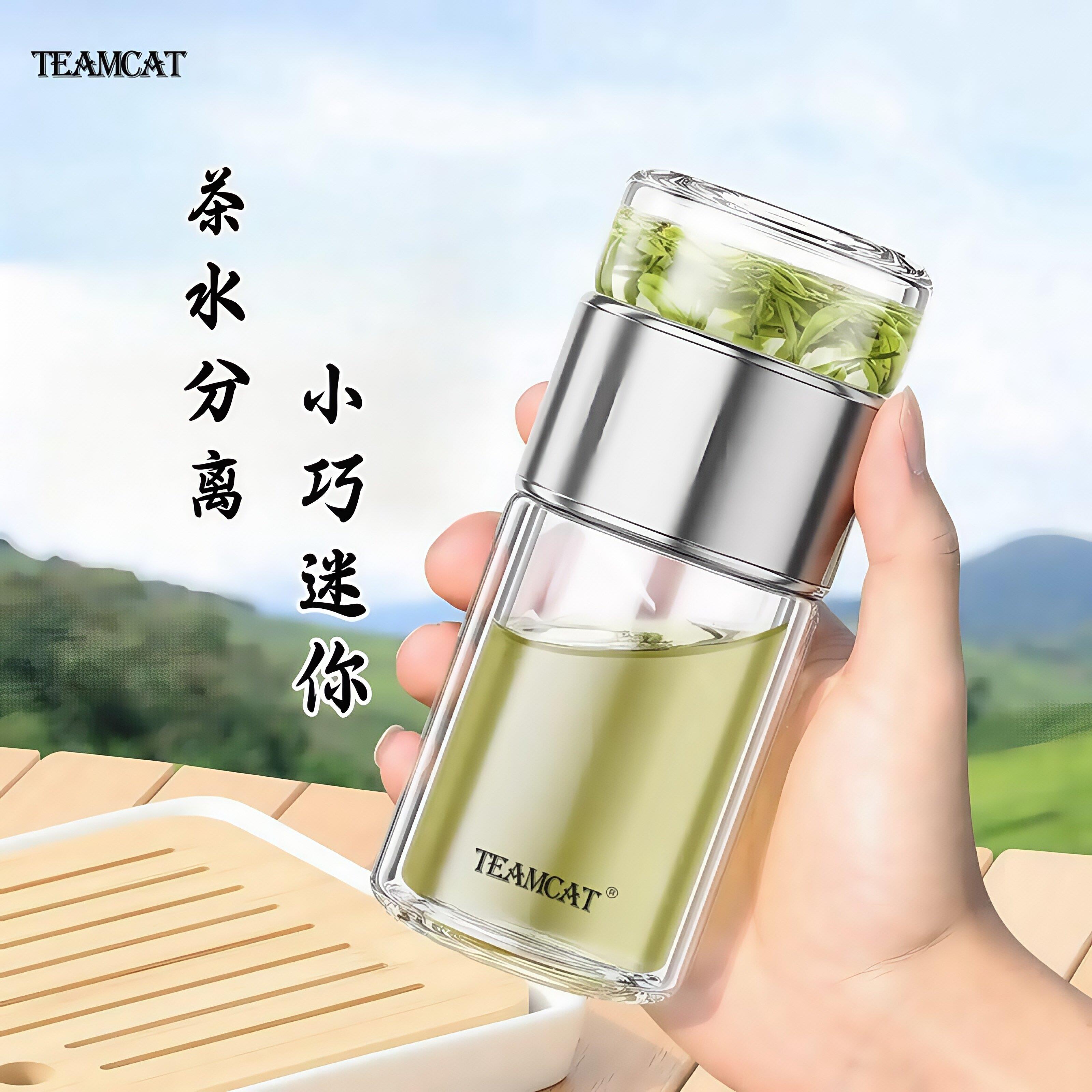 TEAMCAT双层高端茶水分离玻璃杯男士办公可携式泡茶水杯刻字定制