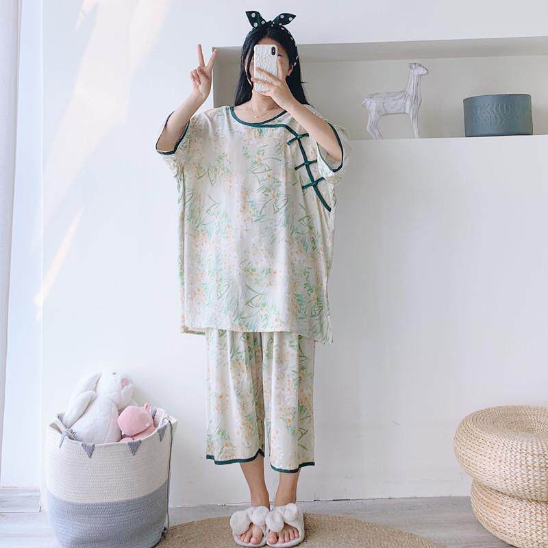 七分裤新中式夏季绵绸中袖睡衣女大尺码两件套宽松胖MM200斤家居