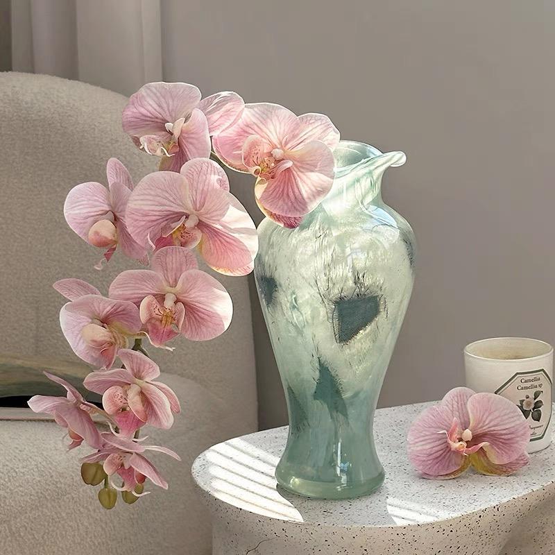 蓝色芬顿花瓶 法式中古玻璃花器摆件 轻奢插花蝴蝶兰水培 高级感