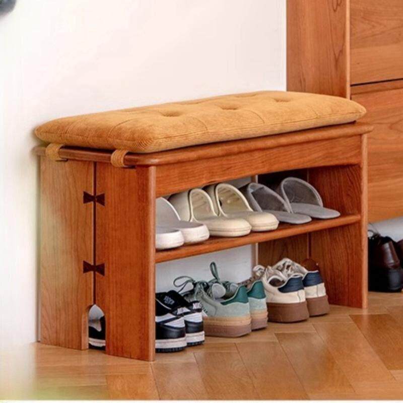 全樱桃木实木换鞋凳挂衣架一体北欧家用入户玄关门口衣架换鞋架子