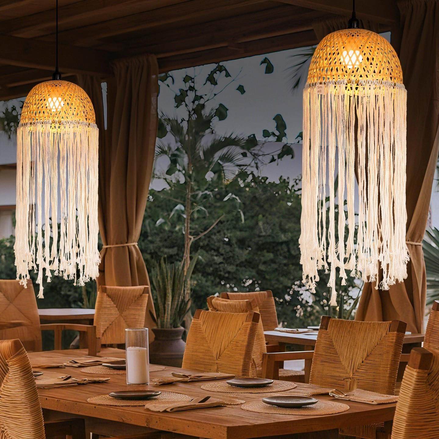 覆古麻绳竹制吊灯茶室客厅餐厅灯中世纪田园床和早餐卧室竹制灯笼