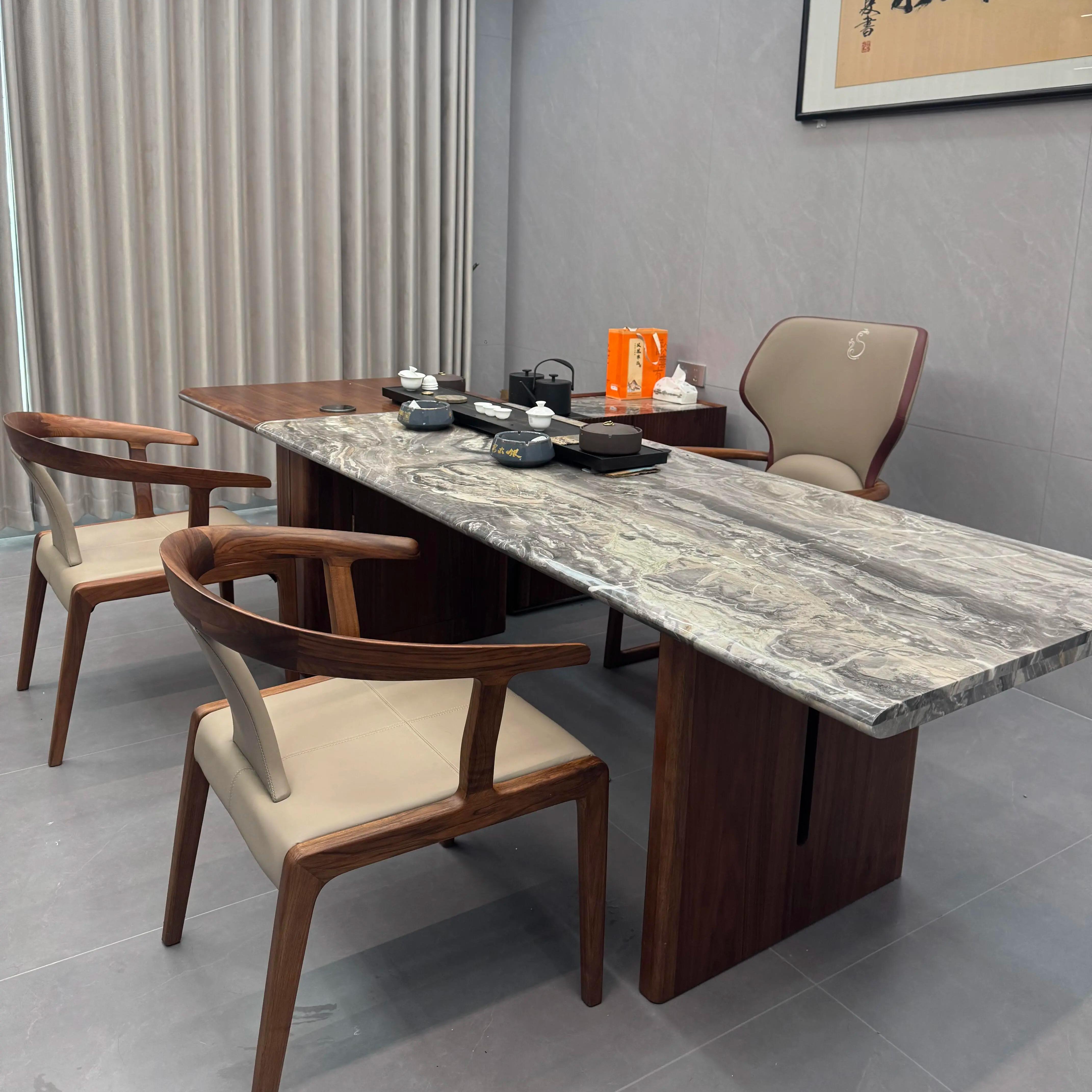 轻奢新中式北美黑胡桃木茶桌椅组合现代高级茶台别墅会所茶室家用