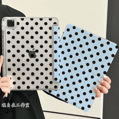Y型三折适用苹果ipad保护壳第ipad12十11代平板保护套磁吸防弯Air8亚克力带笔槽Pro11英寸全包防摔蓝底黑波点