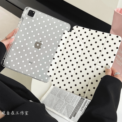 白底黑波点适用iPad保护壳2026新款Pro11防弯Air8/7笔槽12代10.9寸9代10.2寸Y折磁吸mini7/6防摔亚克力平板套
