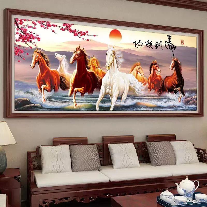 2025新款马到成功钻石画客厅沙发背景黏钻十字绣diy八骏图满钻画
