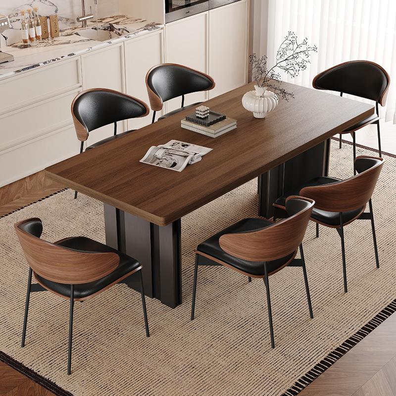 胡桃色木纹岩板餐桌2025新款下挂饭桌高级感复古中古风客厅长方形