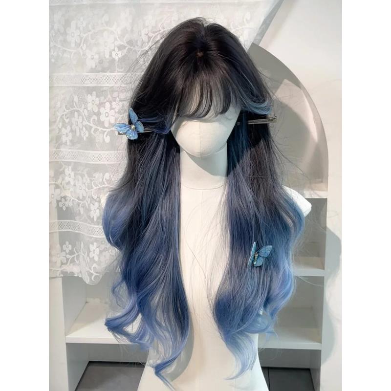 【蝶梦】假发女蓝色挑染渐变齐刘海长卷发日常同款大波浪全头套式